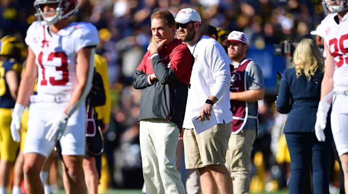 Nick Saban looks on during Alabama’s Rose Bowl game against Michigan.
